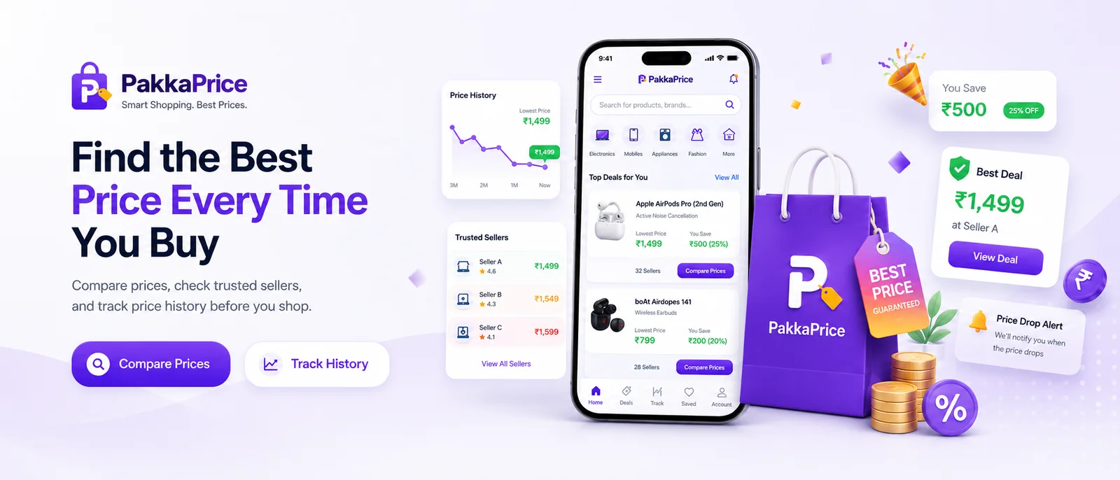PakkaPrice: compare prices, trusted sellers and price history before you buy. Illustrated shopping experience.